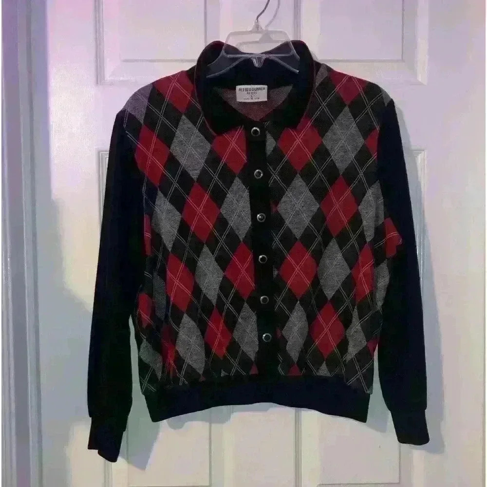 Vintage Alfred Dunner Argyle Long Sleeve Cardigan Sweatshirt Sweater size L pet